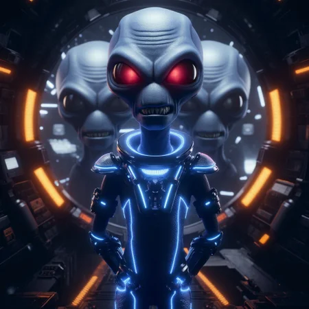 Crypto, grey alien, grey skin, red eyes, sharp teeth, spaceship background, neon blue glowing space suit, mad-neon-noir, full-length portrait, hands behind back, evil grin, looking down at viewer,