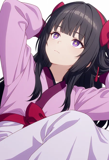 Smooth Quality,masterpiece,very intricate, high quality details, ultra realistic, high detailed skin,detailed enviorement,absurdres,
<lora:Amatsu_Karla_CNR:0.8> amatsu_cnr, 1girl,black hair, long hair, purple eyes, blunt bangs, sidelocks,hair bow, hairband,, simple background, white background, dutch angle,
reclining, arms folded behind head, one knee bent, looking up, peaceful mood, ,, track jacket, ,robe, ,panel skirt, ,, + +,