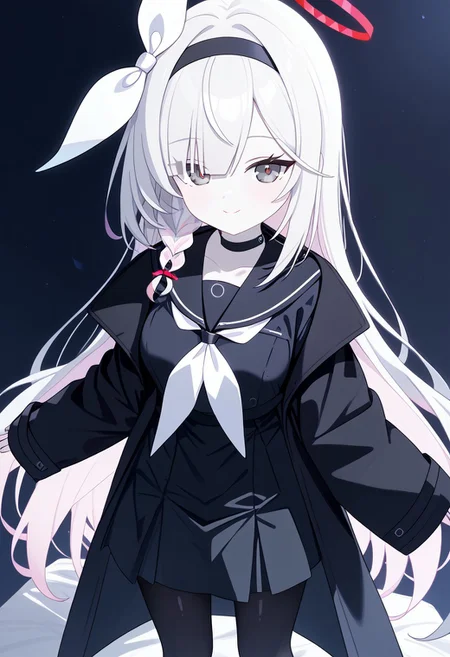best quality, highres, masterpiece, 1girl, Plana_(Blue_Archive), grey eyes, white hair, bangs, long hair, single braid, hairband, black hairband, hair ribbon, choker, halo, (unnaturally white skin:1.2), (pale skin:1.1),
(shiny skin:1.2), standing, closed mouth, medium breasts, smile, looking at viewer, thighs, facing viewer, black serafuku long sleeve, coat removed, white neckerchief, black skirt, black pantyhose