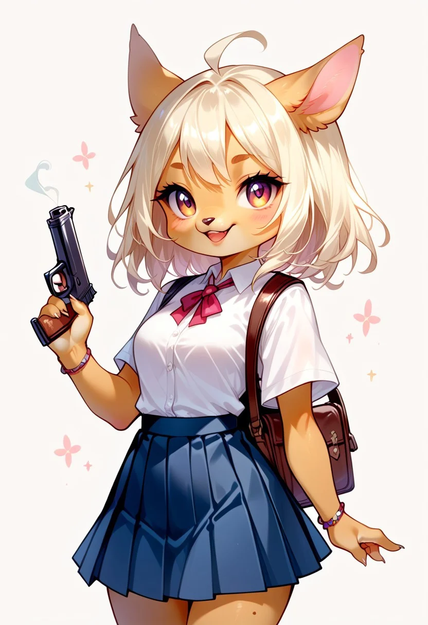 score_9, score_8_up, score_7_up, source_cartoon, solo, cute chibi necoarc, female, white shirt, pleated skirt, handgun, anthropomorphic, (cartoon art style:1.2)