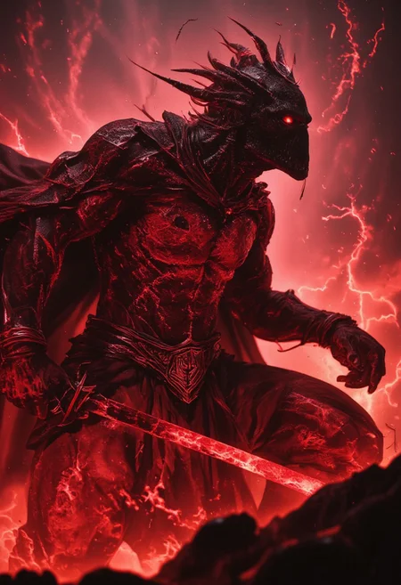m100-style, a muscular Majin Boo with a vibrant translucent red/black intricate aztec pattern over his whole body with a Galaxy Face, No Face, juicy, deep blacks, charming mysterious, billowing translucent Rainbow colored cape, flexing, Action Pose kneeling, wielding a bloody colossal large sword