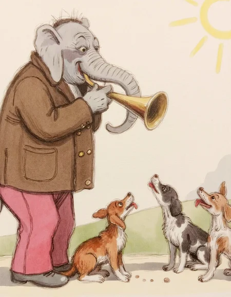 <lora:suteev:1>, This image is a watercolor drawing depicting a whimsical scene. The central figure is a large, anthropomorphic elephant dressed in a brown jacket and pink pants, standing on the left side of the image. The elephant is holding a large, curved trumpet to its mouth, seemingly playing a tune. The elephant's expression is serious and focused, and its trunk is extended upward.
In the foreground, to the right of the elephant, are three dogs. The first dog, a brown and white mixed breed, is sitting with its mouth open, looking up at the elephant. The second dog, a gray and white mixed breed, is sitting next to the first, also looking up. The third dog, a brown and white mixed breed, is standing behind the other two, also looking up at the elephant.
The background is a simple, lightly sketched landscape with a grassy hill and a clear, bright sun shining from the top right corner, casting a warm glow over the scene. The colors are soft and muted, giving the image a gentle, nostalgic feel. The overall style is reminiscent of classic children's illustrations, characterized by its simplicity and warmth.