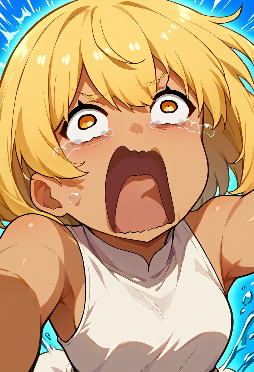 score_9, score_8_up, source_anime, 1girl, solo, kana_higa, blonde hair, amber eyes, tan skin, white dress, aquascreaming, screaming, open mouth, crying with eyes open, reaching out, bending over, freebos_smoothiestyle