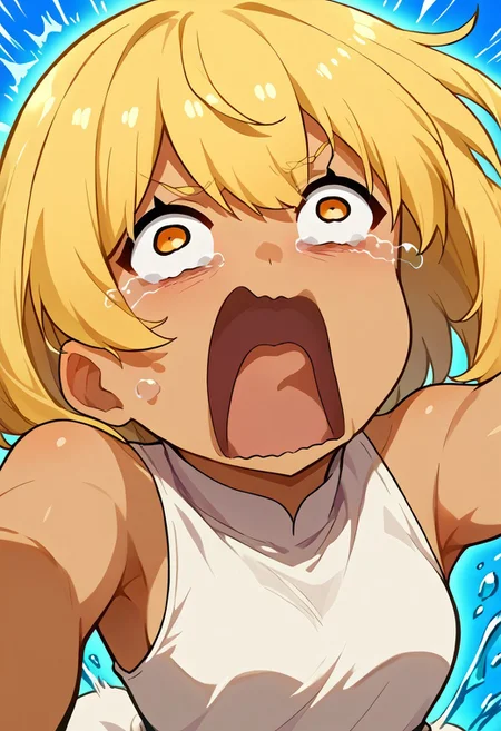 score_9, score_8_up, source_anime, 1girl, solo, kana_higa, blonde hair, amber eyes, tan skin, white dress, aquascreaming, screaming, open mouth, crying with eyes open, reaching out, bending over, freebos_smoothiestyle