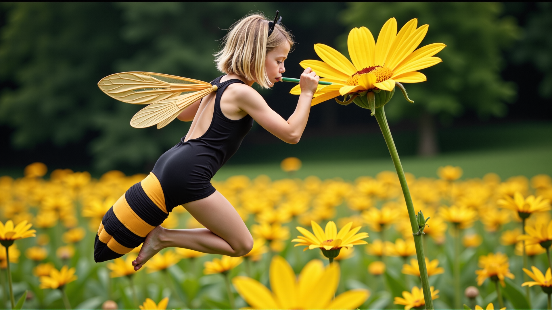 cinematic photo a (25 year old girl:1.5), she has huge bee wings attached to her back and bee antennae attached to her head, she's wearing a( black and yellow:1.2) horizontally striped figure hugging lycra minidress, the dress has a human sized (fuzzy bee abdomen attached sticking out at the butt:1.3)
she has blonde hair in a bob cut, she has a slim figure and long legs, she has medium sized breasts
she's hovering in midair in front of a enormous flower, the flower is bigger than the girl, ready to drink it's nectar through a long straw, the straw is held in her hand with the end (stuck into the flower:1.3)
she's in a meadow of enormous wild flowers,, score_9, score_8_up, score_7_up, hyperdetailed, hyperrealistic,  best quality, (masterpiece:1.3),high-definition, intricate details, volumetric lighting, symmetrical face, level eyes, . 35mm photograph, film, bokeh, professional, 4k, highly detailed