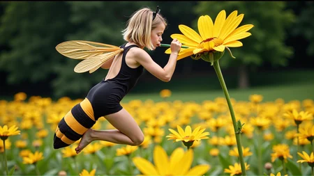 cinematic photo a (25 year old girl:1.5), she has huge bee wings attached to her back and bee antennae attached to her head, she's wearing a( black and yellow:1.2) horizontally striped figure hugging lycra minidress, the dress has a human sized (fuzzy bee abdomen attached sticking out at the butt:1.3)
she has blonde hair in a bob cut, she has a slim figure and long legs, she has medium sized breasts
she's hovering in midair in front of a enormous flower, the flower is bigger than the girl, ready to drink it's nectar through a long straw, the straw is held in her hand with the end (stuck into the flower:1.3)
she's in a meadow of enormous wild flowers,, score_9, score_8_up, score_7_up, hyperdetailed, hyperrealistic,  best quality, (masterpiece:1.3),high-definition, intricate details, volumetric lighting, symmetrical face, level eyes, . 35mm photograph, film, bokeh, professional, 4k, highly detailed