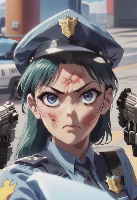 score_9, score_8, score_7, score_6,rating_safe,source_anime,1girl, maomao, green hair, long hair, blue eyes, police, police uniform, policewoman,dual pistol, angry face,looking viewer, police chasing, cinematic,