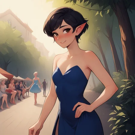score_9, score_8_up, score_8, 1girl , solo, comedic sweatdrop, elf woman, blue eyes, black hair, long straight hair, eyeliner, perfect face, elegant, refined, small breasts, long blue dress, portrait, looking at viewer, nervous smile, fidgeting, blush, volumetric lighting, cinematic lighting, outdoors, festival in a forest, full body
with
1man, human man, brown eyes, black short hair, perfect face, smile, human man and elf woman looking at each other, beautiful elegant costume, locked_arms, smile, blush,