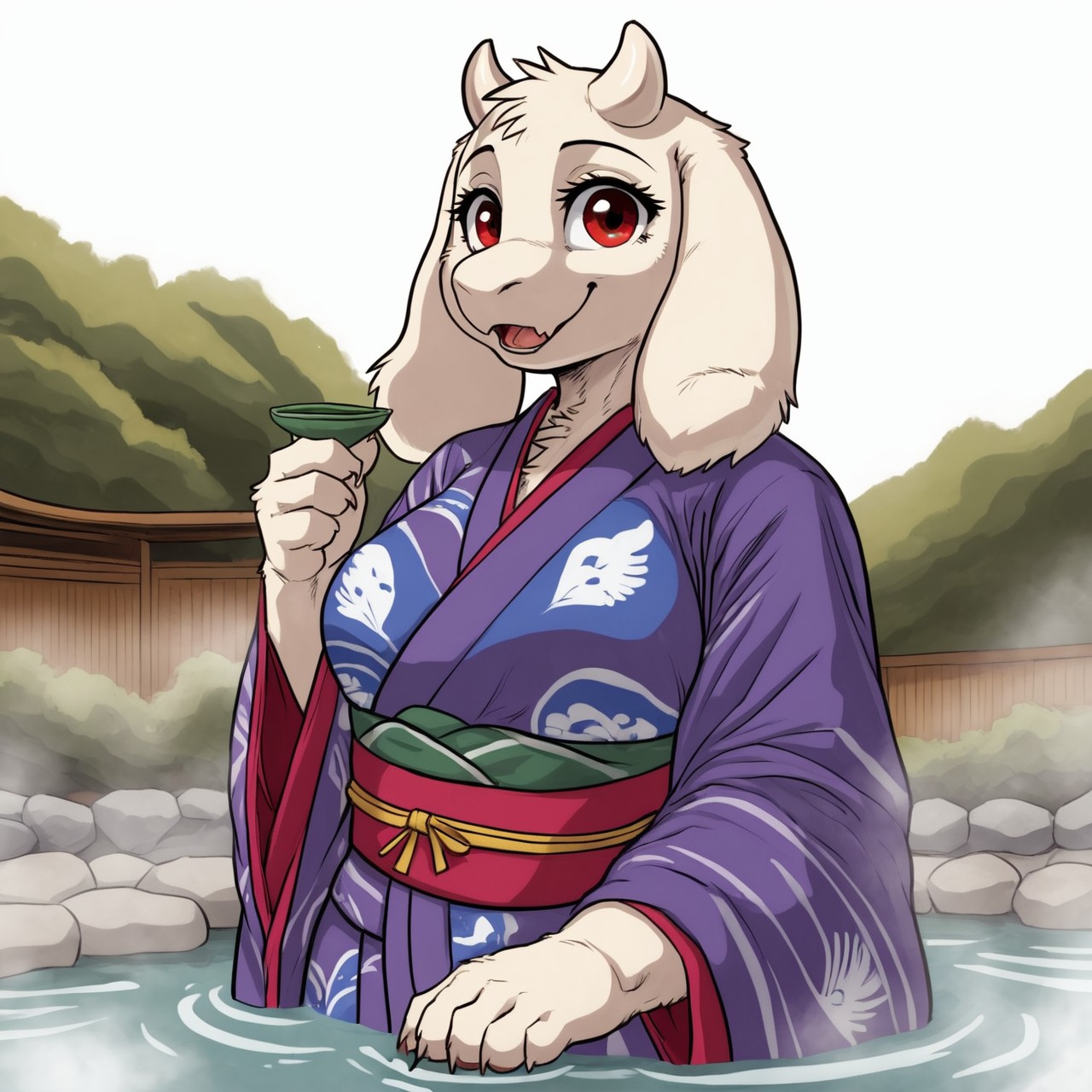 PonyXLV6_Scores ,
PnyCmicXLPOS,
DskfllArtPosXLPNY,
1girl,
female focus,
solo,
monster,
toriel,
goat,
white horns,
red eyes,
face focus,
happy,
smile,
white background,
simple background,
<lora:Toriel_Undertale_Pony_SDXL:1>, kimono,
colored kimono,
Yukata ,
japanese,
green tea,
onsen