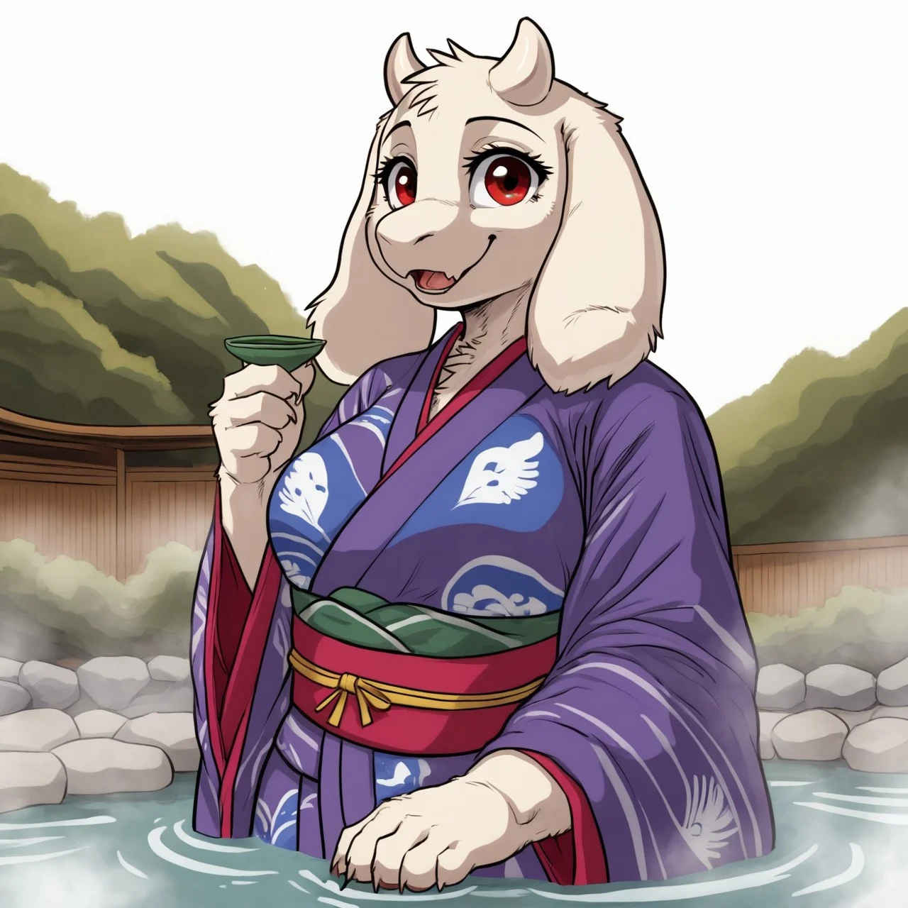 PonyXLV6_Scores ,
PnyCmicXLPOS,
DskfllArtPosXLPNY,
1girl,
female focus,
solo,
monster,
toriel,
goat,
white horns,
red eyes,
face focus,
happy,
smile,
white background,
simple background,
<lora:Toriel_Undertale_Pony_SDXL:1>, kimono,
colored kimono,
Yukata ,
japanese,
green tea,
onsen