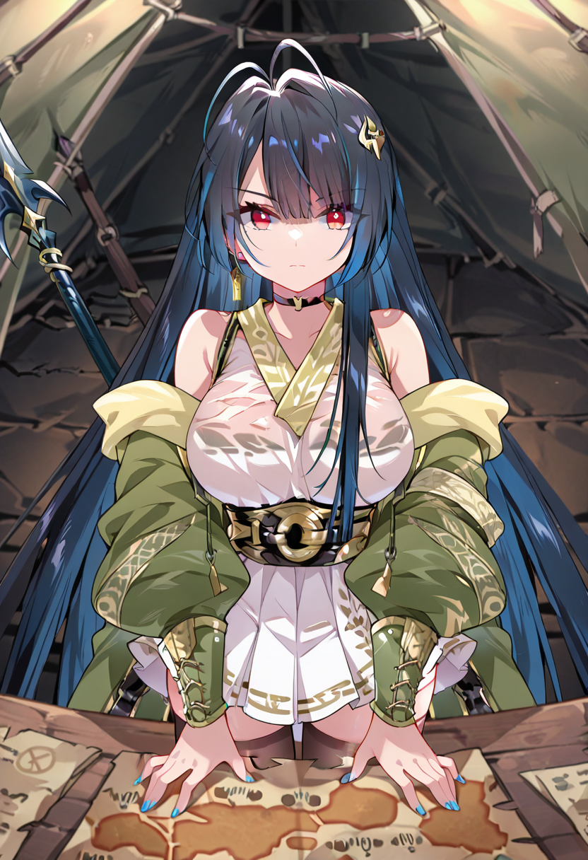 detailed background, detailed face, detailed eyes, detailed skin, masterpiece, best quality, absurdes, highres, <lora:Liu_Feixue:1>, Liu Feixue, 1girl, solo, very long hair, black hair, multicolored hair, blue hair, ahoge, bangs, antenna hair, hair ornament, red eyes, large breasts, bare shoulders, blue nail polish, earring, green jacket, white shirt, black choker, black belt, white skirt, black thighhighs, green boots, spear, eyes open, closed mouth, serious, inside, tent, standing, in front of war table, map on table, slamming hands on table, motion lines,  <lora:add-detail-xl:1> <lora:DetailedEyes_V3:1>
