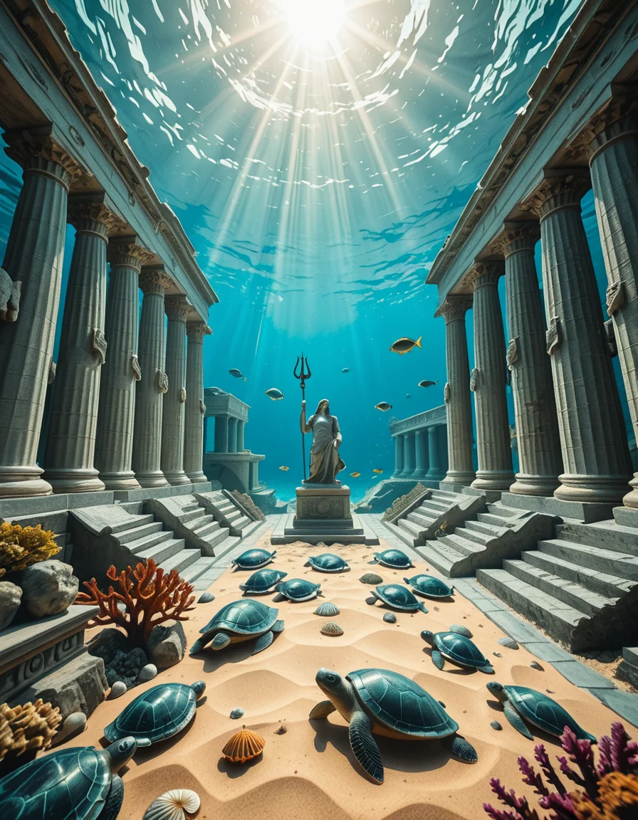An ancient underwater Temple of Poseidon, partially buried in sand and coral at the bottom of the Aegean Sea. Massive marble columns, some broken, others still standing, encrusted with seashells and marine life. Soft sunlight filtering through the ocean surface above, casting shimmering rays over the temple ruins. Colorful fish and sea turtles swimming peacefully around. The atmosphere is mystical and serene, with a bluish-green hue dominating the scene. A statue of Poseidon with a trident stands at the center of the temple, covered in algae and marine growth. Realistic style, high detail, cinematic lighting, wide-angle view.
<lora:SDXLFaeTastic2400:0.4> <lora:extremely_detailed:0.4> extremely detailed,underwater Temple of P0s31d0n, <lora:underwater_Temple_of_P0s31d0n-i:1>, Masterpiece,best quality,hi res,8k,hi res,8k,award winning,(sharp focus, intricate, highly detailed),