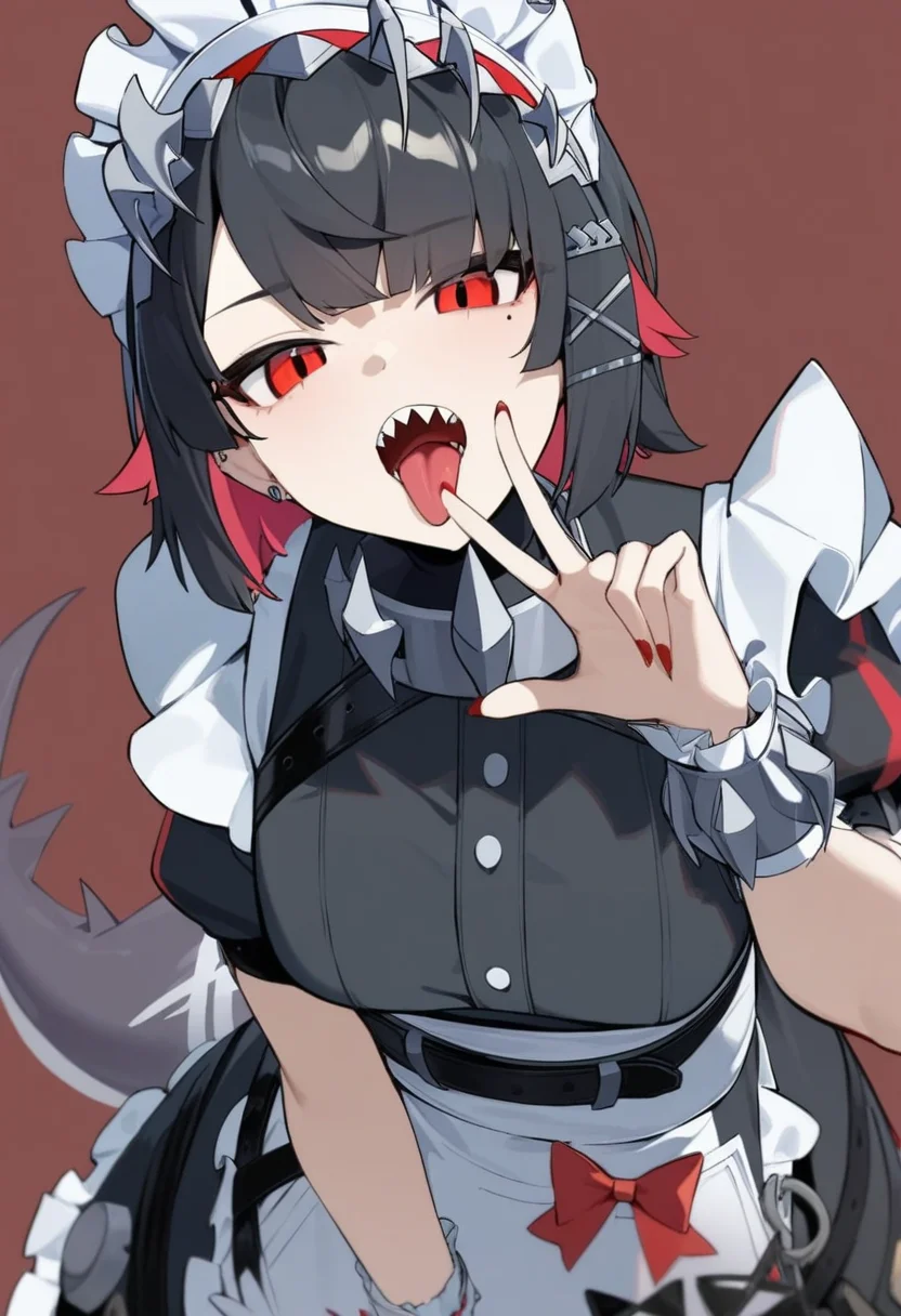 masterpiece,best quality,very aesthetic,absurdres,<lora:iellen_joe_xl:1>,puffy_short_sleeves,tongue_out,ear_piercing,maid_headdress,1girl,highres,cunnilingus_gesture,sharp_teeth,medium_breasts,arm_belt,ellen_joe,mole_under_eye,simple_background,v_over_mouth,frills,looking_at_viewer,open_mouth,red_background,hairpin,