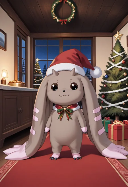 score_9, score_8, score_7, source_furry, rating_safe, detailed face, detailed eyes, incredible detail BREAK cowboy shot, digimon (creature), solo, brown fur, horns, black eyes, animal focus, looking at viewer, happy, smile, \:3, santa hat, chrlib, scenery, indoors, living room, night, oven, christmas tree, christmas ornaments, red carpet