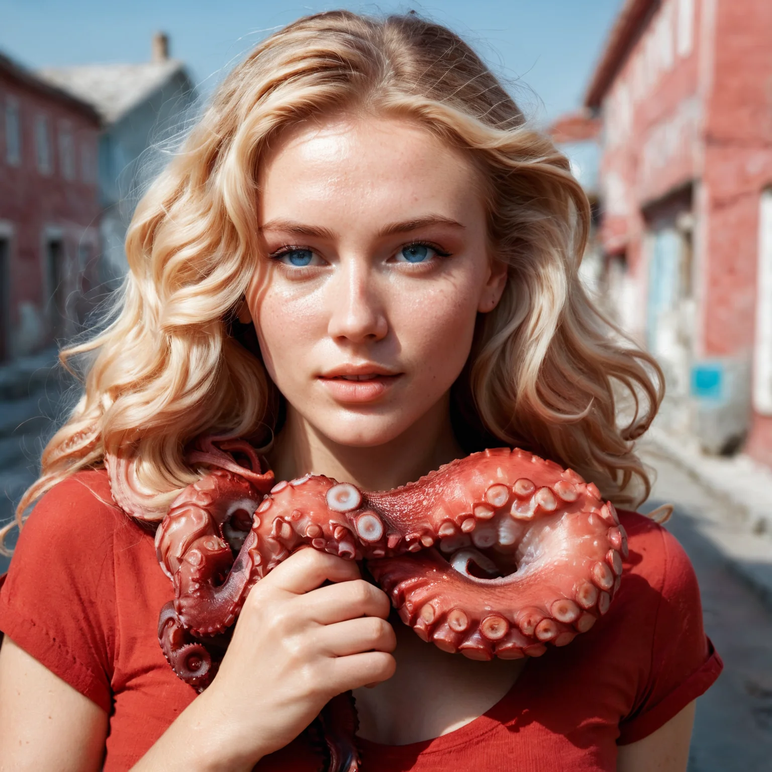 RAW photo, exterior photo, full body shot from the front of a beautiful blonde woman wearing a red shirt, she holds a a big long curled tentacle of an octopus in her hand, full sharp, detailed face, visible feet, blue eyes, (high detailed skin:1.2), 8k uhd, dslr, soft lighting, high quality, film grain, Fujifilm XT <lora:polyhedron_tentacles-000005:1>
focus on eyes, spotted light on her face, face towards sun, light on face, sun on face, backlit, rim light, focus on eyes, clear eyes, shiny eyes, glittering eyes, light reflections in his eyes, winter white skin, pale skin, dry skin, clear skin, oiled shiny skin, blush, flushed cheeks, visible skin detail, skin pores, imperfect skin, skin blemish, few freckles, skin fuzz, beauty spot, moles <lora:polyhedron_all_sdxl-000004:0.1>
((background is an old fisher town))