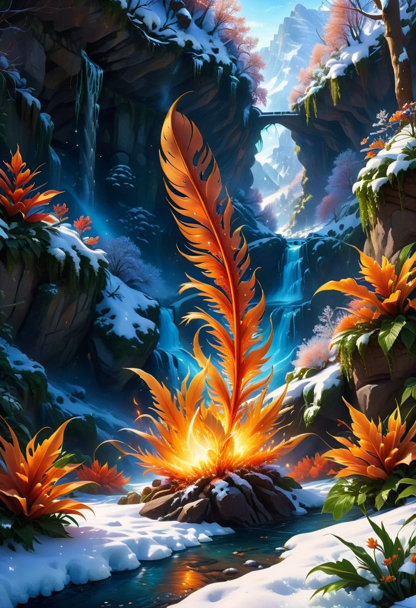 A single fire feather blooming inside a ravine, river, winter garden, (snow), winter theme, mountain landscape, sparkeling, beautiful, snow crystals,