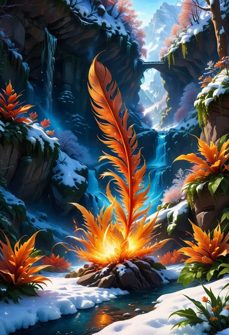 A single fire feather blooming inside a ravine, river, winter garden, (snow), winter theme, mountain landscape, sparkeling, beautiful, snow crystals,