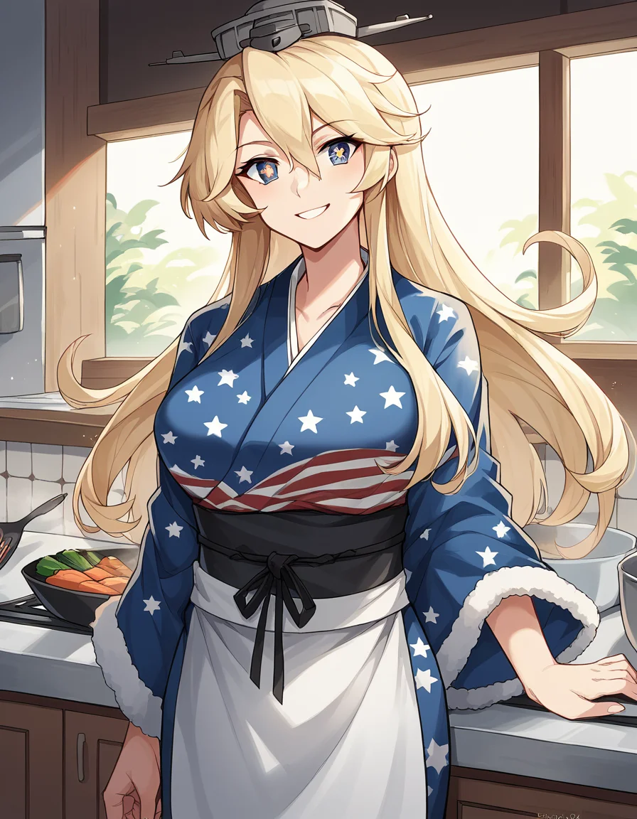 score_9, score_8_up, score_7_up, source_anime, <lora:kancolle-iowa-ponyxl-lora-nochekaiser:1>, iowa, iowa (kancolle), blonde hair, blue eyes, large breasts, hair between eyes, long hair, star-shaped pupils, symbol-shaped pupils, star (symbol),, american flag, flag print, fur trim, furisode, headgear, japanese clothes, kimono, rose, hair flower,, kitchen, cooking, apron, cutting vegetables, home cooking, smile, , smile, solo,, cowboy shot, dutch angle