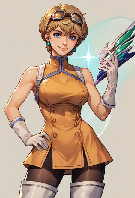 score_9, score_8_up, score_7_up, source_anime,
, (best quality) , (highly detailed) ,masterpiece ,absurdres ,detailed face ,beautiful face ,
<lora:pony_xl_Hildegard:0.8>,Hildegard,score_9,score_8_up,1girl,female,kawaii,solo,short hair,earrings blond hair
goggles on head, hair bobbles, sleeveless dress, white gloves, black pantyhose, thigh boots, large breasts, finger to chin, hand on hip, smile, closed mouth
best quality, masterpiece, very aesthetic,
OverallDetail