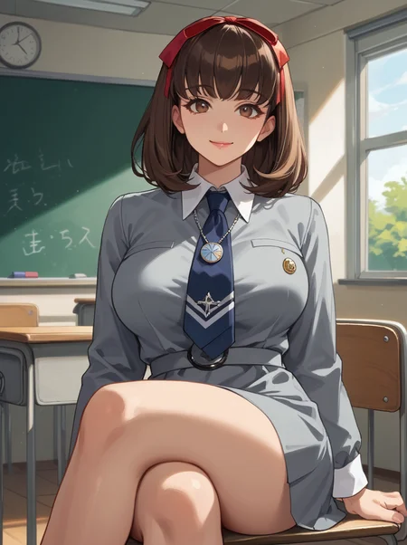 zPDXL, score_9, score_8_up, score_7_up, best quality, source anime, NSFW, <lora:zs_MakiXL:0.95>, makip1, brown hair, medium hair, brown eyes, huge breasts, hair ribbon, grey dress, white collar, blue tie, belt, necklace, looking at viewer, light smile, sitting with crossed legs, classroom, school