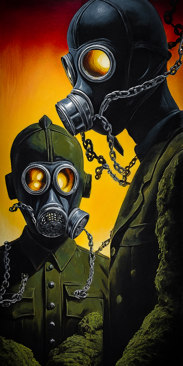 Anxious eyes peering out from behind gas masks, awaiting the all-clear, , ,  Chains,Weeping statues,Gas masks, Illusory,Spectral, (Primary colors:1.1), (Negative Space:1.1),  (Underpainting:1.1), (Spotlight:1.2), Moss, , ((Whimsical,playful,quirky,fanciful:0.99),(Diagonals,dynamic,movement,angles,Transparent,clear,see-through,delicate,Backlit,silhouette,outlines,glowing edges:0.75),(Impasto,thick layers,texture,expressive:0.99):0.5), ultra detailed, intricate, oil on canvas, dry brush, (surrealism:1.1), (disturbing:1.1) <lora:d4lixl:0.6>