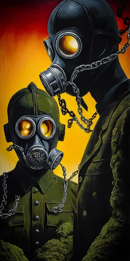 Anxious eyes peering out from behind gas masks, awaiting the all-clear, , ,  Chains,Weeping statues,Gas masks, Illusory,Spectral, (Primary colors:1.1), (Negative Space:1.1),  (Underpainting:1.1), (Spotlight:1.2), Moss, , ((Whimsical,playful,quirky,fanciful:0.99),(Diagonals,dynamic,movement,angles,Transparent,clear,see-through,delicate,Backlit,silhouette,outlines,glowing edges:0.75),(Impasto,thick layers,texture,expressive:0.99):0.5), ultra detailed, intricate, oil on canvas, dry brush, (surrealism:1.1), (disturbing:1.1) <lora:d4lixl:0.6>