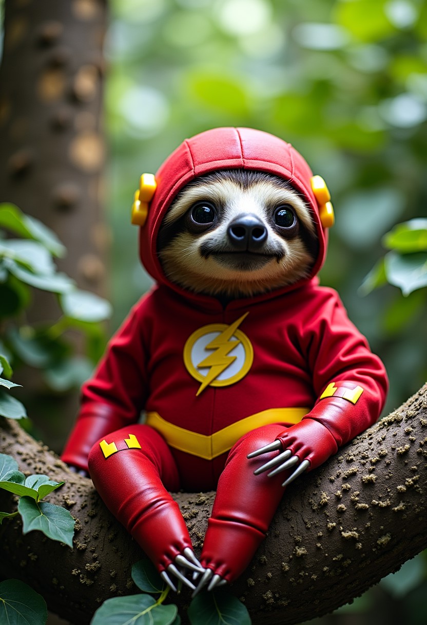 A photo of a sloth dressed as The Flash, a DC Comics superhero known for his incredible speed. The sloth is sitting in a tree and has a red and yellow outfit with a lightning bolt on its chest. The sloth's expression is slow and lethargic, contrasting with The Flash's typically energetic demeanor. The background is a lush green rainforest.
