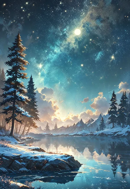 Create a breathtaking landscape that evokes awe and wonder. Picture a serene, pristine lake nestled among towering snow-capped mountains at night. The mountains should reflect perfectly in the crystal-clear water, with their peaks bathed in the cold light of the moon. Surround the lake with a lush forest of trees. Add a meandering path along the lake’s edge, inviting viewers to imagine a peaceful walk. Include a clear, starry sky emerging along with the moon, with a hint of the Milky Way visible. Enhance the scene with soft, glowing light to create a magical, almost otherworldly atmosphere.