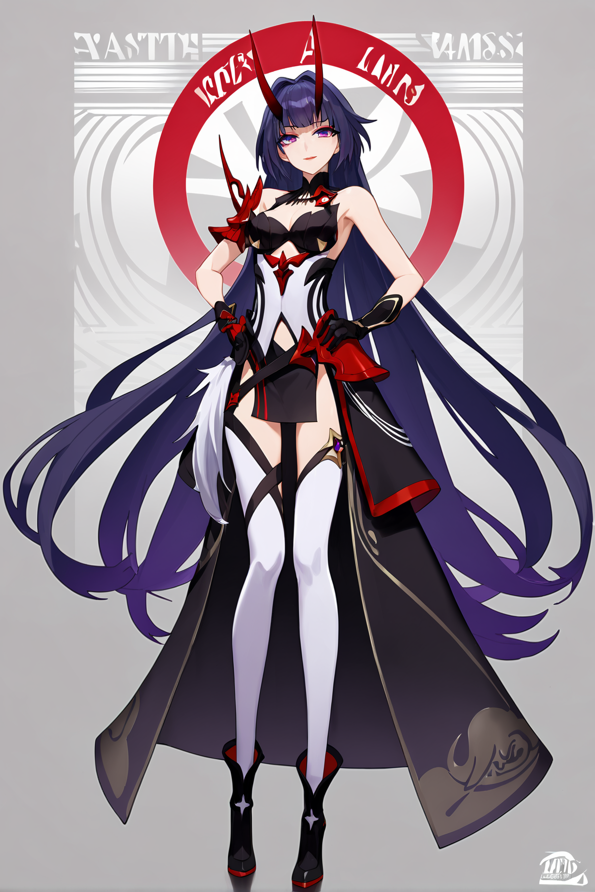 score_9, score_8_up, score_7_up, score_anime, 8k, best quality, masterpiece, (ultra-detailed), solo, hands on hip, (full body:1.1), looking at viewer, 
<lora:pony-Ldart_xl-000008:0.5>, masterpiece, best quality, (Detailed eye description), (8K wallpaper), (Detailed face description), (flat color:1.3), (ligne claire:1.1), (cover page:1.2), (movie poster:1.2), poster, cowboy shot, (solo), full body, 
(multicolored_background), striped_background, card_background, 1girl, red lips, full body, looking at viewer, medium breasts, beautiful detailed bright eyes, (seductive smile), mixed, vaporwave, (Highest picture quality), (Master's work), 
<lora:RaidenMei(adult)-pony-Tanger:0.65>, 3rd clothes, leilv, japanese armor, red horns, 1girl, raiden mei, long hair, purple eyes, purple hair, white thighhighs, bare shoulders, cleavage, black glove, bangs, high heels,