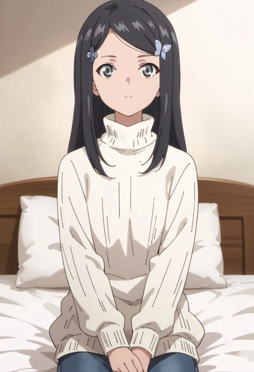 score_9, score_8_up, score_7_up, source_anime, yamano mitsuha, black hair, long hair, grey eyes, 1girl, solo, hair ornament, sweater, pillow, looking at viewer, anime coloring, white sweater, hairclip, sitting, bed, turtleneck