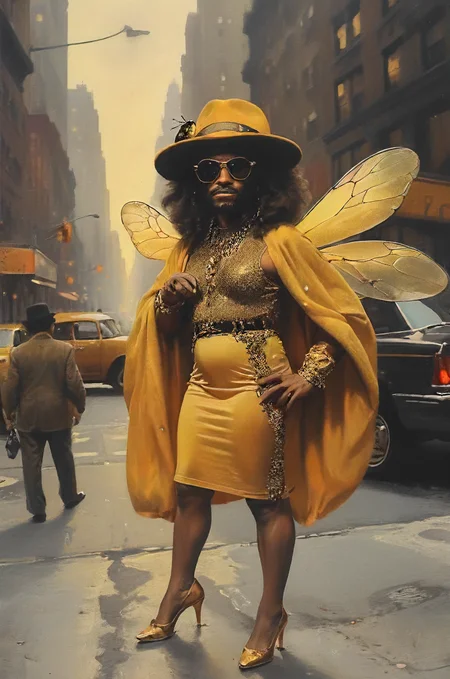 photo of a (bee:1.1) in in 70s pimp outfit in the street of new york offering honey-money for certain buzz related services, cane, hat, bling, shady street, cinematic, masterpiece, atmospheric, high quality, 8k, high resolution, <lora:SDXL - Style - EldritchRomanceIllustration1.3.1:0.4> <lora:Fine art photography style:0.4> <lora:Moody__Time:0.4> <lora:- SDXL - creepy_n_freaks_V1.0:0.4> <lora:- SDXL - vanta-black_contrast_V3.0:0.2> <lora:tbh102-sdxl:0.3> <lora:drunken-fist03:0.2> <lora:moulinrouge:0.4>