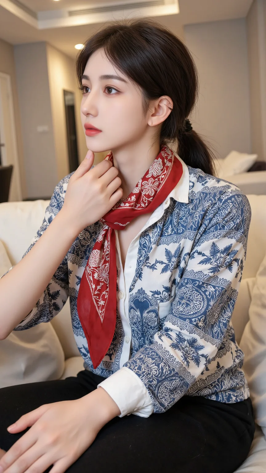 role play of female submission, A woman is sitting on a white couch. She is wearing a blue and white shirt and a red and white scarf around her neck. There is a person sitting in front of her with their hand on her chin. There are white pillows behind the woman. There is lights on the ceiling and a door in the background. The woman has dark hair. She is looking off to the side. A ring is on her finger. Her pants are black.