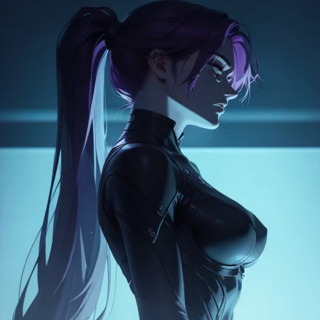 score_7, score_6_up, dark, low_light, darkness, 1girl, black_bodysuit, skin_tight, light_from_below, shadows, very dark, dark , breasts, blue_lighting, blue_theme, dramatic_lighting, purple_hair, ponytail, high up, night, looking_down,