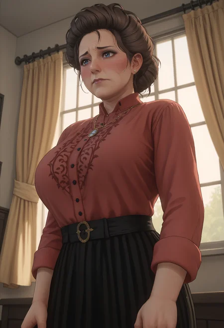 score_9, score_8_up, score_7_up, score_6_up, score_5_up, score_4_up, 1girl, <lora:SusanGrimshaw:0.8> solo, mature woman, blue eyes, brown hair, large breasts, blush, black eyeshadow, shirt, red shirt, skirt, long sleeves, black skirt, jewelry, necklace, view from below, embarrassed,
ballroom background, windows, curtains,
