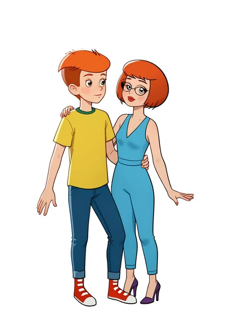 score_7, score_8, 2d, cartoon, flat colours, prostokvashino, rimma, fyodor, couple, boy and girl, 
(1girl, girl in blue bodysuit, high heels, short hair, red hair, girl in cateye glasses, purple shoes, )
(1boy, boy in yellow shirt, jeans and red footwear, boy with short orange hair, red sneakers, )
couple posing on white background,