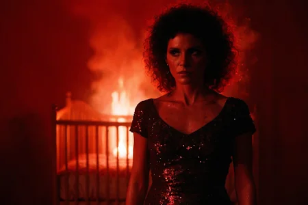 cinematic still, Gina Montana in the Scarface sequel standing defiant in a red-tinted nursery, dress shimmering with sequins and soot, crib engulfed in backlight behind her like a burning stage, arms lowered at her sides, curls haloed in smoke, upper body close-up, straight-on shot, mood of righteous eruption and femininity reclaimed, directional lighting from one side creating dramatic shadow, color palette of ritual red, scorched black, and candle white, style evoking emotional climax through domestic iconography