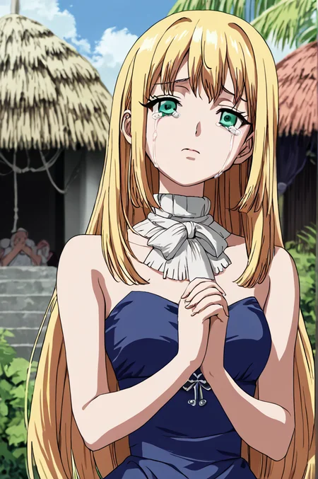 score_9, score_8_up, score_7_up, illustration, source_manga, rating_safe, r3tr0XLP ,<lora:r3tr0XLP:0.7> 1girl, solo, slimes_ruri, green eyes, long hair, straight hair, dress, bare shoulders, upper body, crying expression, <lora:SlimesRuri:1> , at a tropical village, praying