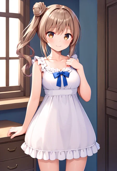 score_9, score_8_up, score_7_up, score_6_up, score_5_up, score_4_up, source_anime,
BREAK,
solo, 1girl, standing, looking at viewer, smile, white dress, frilled dress, indoors,
<lora:satou_sasara_ponyXL_v1:1> satou sasara, brown hair, side ponytail, single hair bun, long hair, brown eyes,