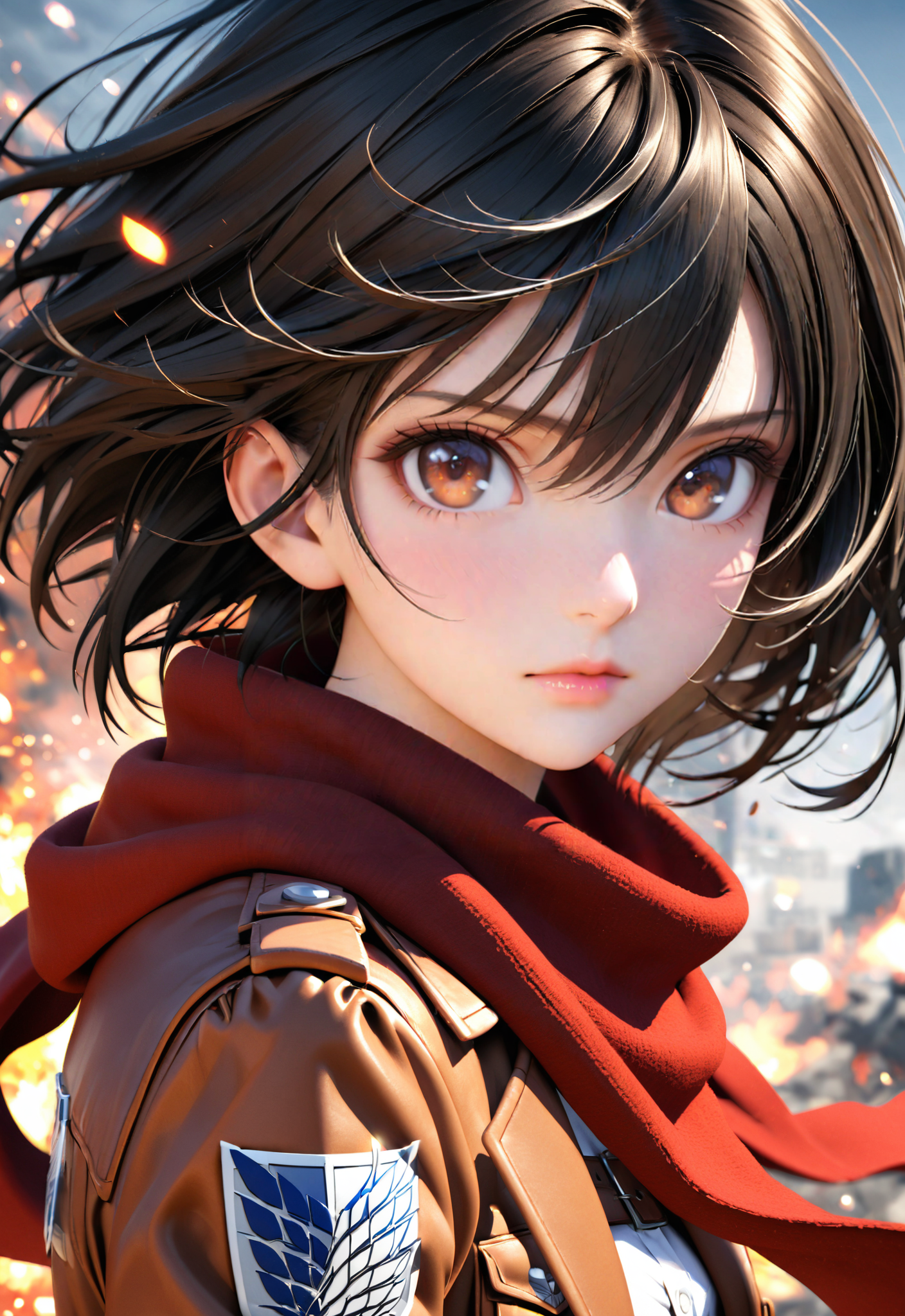 <lora:OMG-Is-DucHaiten_v1.0:1>, i want the whole image to be created in 3D anime style, 1girl, solo, looking at viewer, short hair, bangs, shirt, black hair, hair between eyes, brown eyes, closed mouth, jacket, white shirt, upper body, artist name, scarf, open jacket, lips, wind, portrait, red scarf, brown jacket, nose, emblem, paradis military uniform, embers, survey corps (emblem), mikasa ackerman