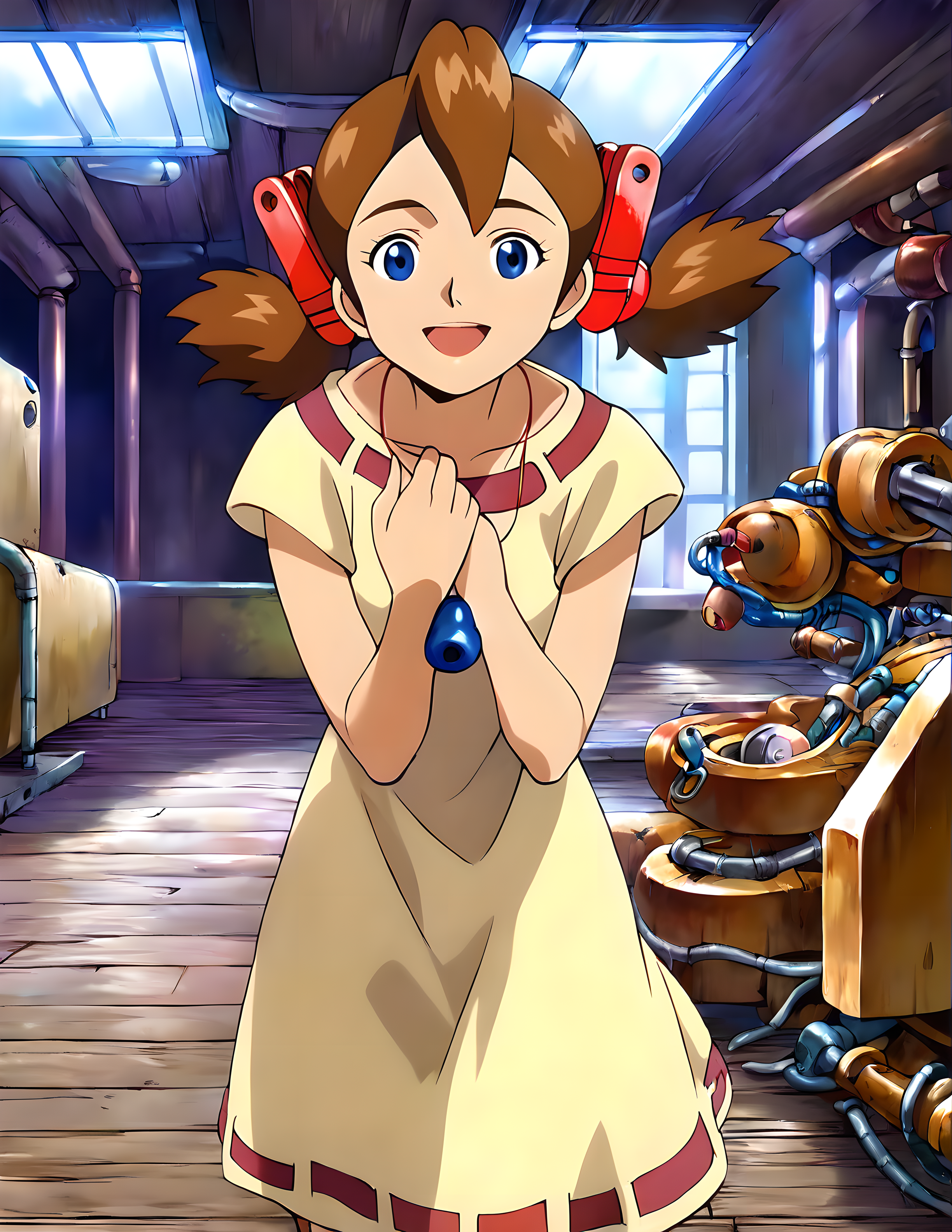 <lora:pony_xl_josette:0.9>,josette,score_9,score_8_up,score_7_up,source_anime,1girl,solo,looking_at_viewer,yellow dress,lower the ocarina from the neck,fun,happy,smile,:d,hands_on_own_chest,standing,leaning_forward,front view,cowboy_shot,indoor,electrical room,engine room,wood floors,