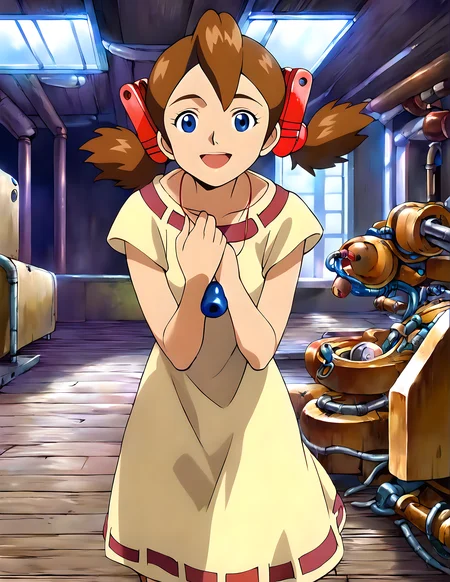 <lora:pony_xl_josette:0.9>,josette,score_9,score_8_up,score_7_up,source_anime,1girl,solo,looking_at_viewer,yellow dress,lower the ocarina from the neck,fun,happy,smile,:d,hands_on_own_chest,standing,leaning_forward,front view,cowboy_shot,indoor,electrical room,engine room,wood floors,