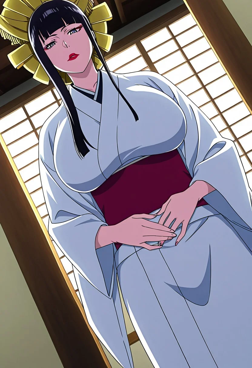 general,highres, ultra-detailed,very aesthetic,best quality ,best hands,best eyes,easynegative,
dynamic anglre, dutch angle, anime cloring,anime screencap,
1girl solo,looking at viewer,hands on stomach, Japanese room, washitsu,
Shutarasenjumaru, black_hair, blunt bangs, lipstick, huge_breasts, grey eyes,hair_ornament,Japanese clothes, white kimono,