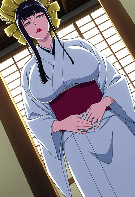 general,highres, ultra-detailed,very aesthetic,best quality ,best hands,best eyes,easynegative,
dynamic anglre, dutch angle, anime cloring,anime screencap,
1girl solo,looking at viewer,hands on stomach, Japanese room, washitsu,
Shutarasenjumaru, black_hair, blunt bangs, lipstick, huge_breasts, grey eyes,hair_ornament,Japanese clothes, white kimono,