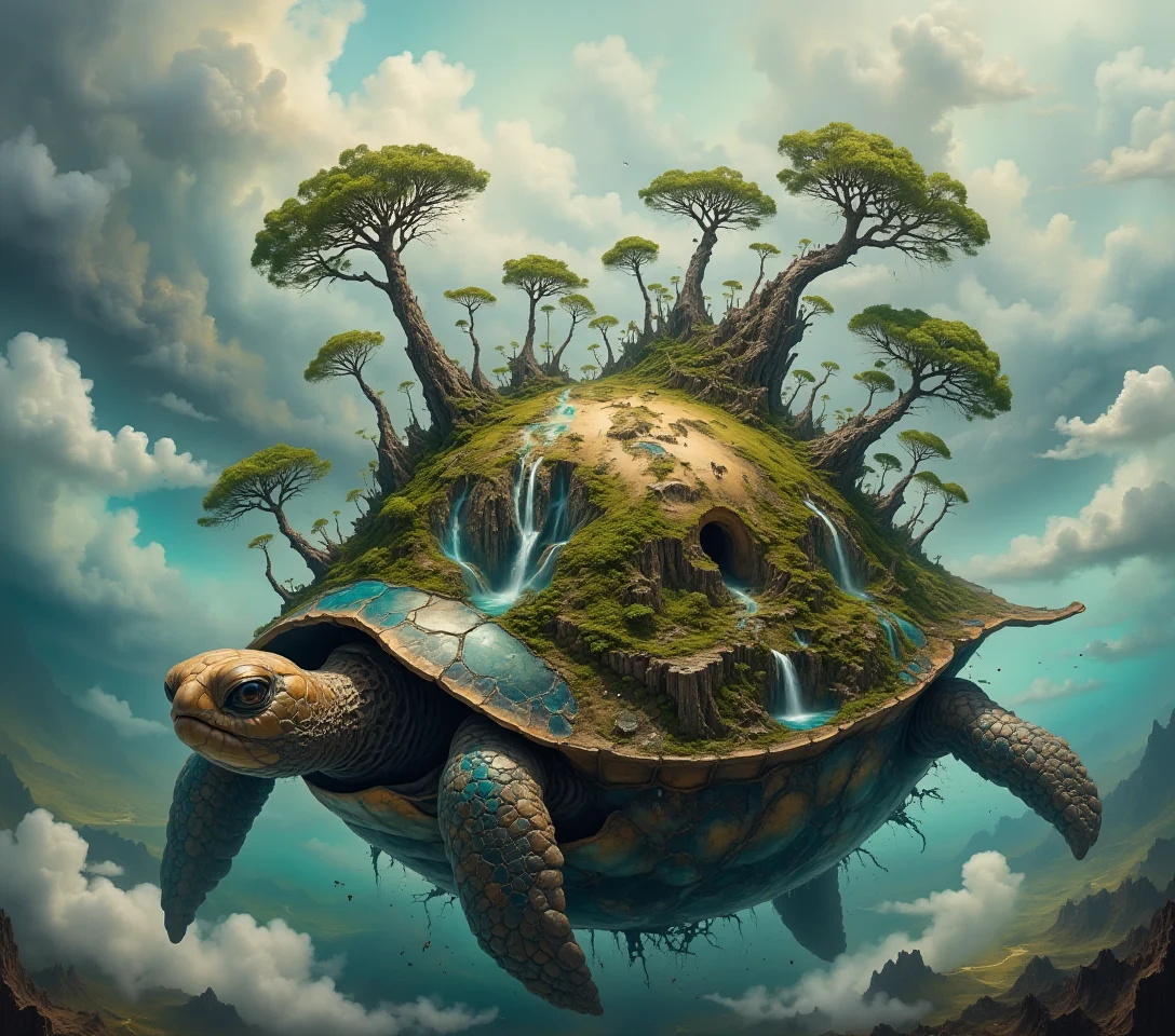 a turtle carries the surface of planet earth as miniature on it's back, whimsical detailes, beautiful and tranquil