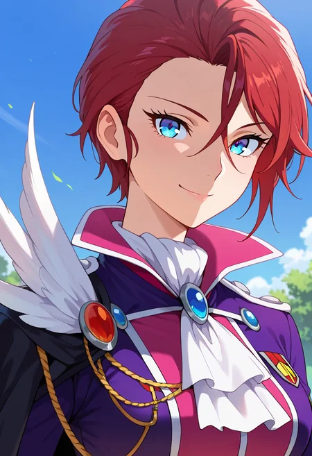 masterpiece, best quality, amazing quality, very aesthetic, absurdres, newest, illustration, perfect composition, intricate details, highres, uncensored, general, 1girl, solo, (portrait:1.2), prax conrad, mature female, blue eyes, red hair, short hair, asymmetrical bangs, hair between eyes, small breasts, uniform, genderswap, cape, ascot, looking at viewer, smile, outdoors, shiny body, shiny skin, skindentation, clear skin, shiny hair, ultra detailed eyes, depth of field, sharp, intricate details, hyperdetailed, ultra-detailed, detailed clothing folds, high contrast, dynamic light <lora:Prax Conrad_Back Arrow_ill:0.8>