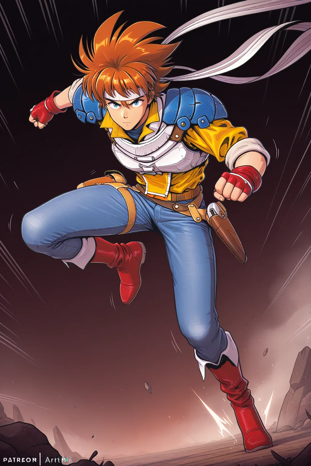 masterpiece, best quality, amazing quality, ARTHIL, 1boy, male focus, brown-orange hair, long white headband, blue shoulder pads, white breastplate, yellow shirt, sleeves rolled up, blue jeans, holster belt, red fingerless gloves, red boots, action pose