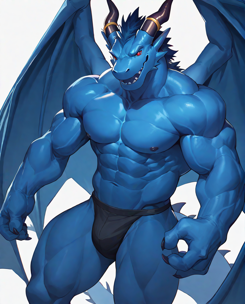 source_furry,score_9,score_8 up,score_7 up,score_6 up,male,anthro,furry,1boy,solo,blue_dragon,dragon,wings,horns,blue body,red eyes,muscles,muscular,bodybuilder,abs,pectorals,biceps,<lora:Blue_Dragon:0.9>,