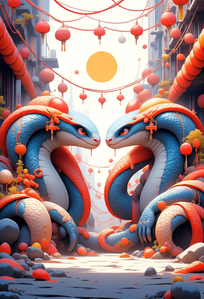Two weird cute snakes in Tokyo, anime, 2d, flat illustration, flat color, niji_flux