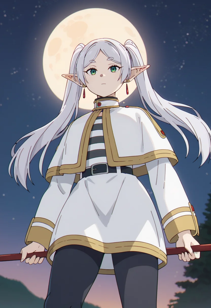 score_9, score_8_up, score_7_up,
<lora:SousouNoFrieren_FrierenXL:0.9>, FrierenSSnF,
1girl, solo, closed mouth,
grey hair, long hair, green eyes, twintails, parted bangs, earrings, pointy ears,
FrierenCasual, striped shirt, white capelet, black belt, white skirt, long sleeves, black pantyhose, holding staff,
flying, looking at the viewer, from below,
night, full moon, night sky, dark, starry sky, photo background, greyscale