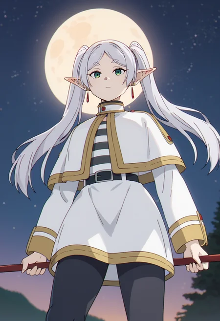 score_9, score_8_up, score_7_up,
<lora:SousouNoFrieren_FrierenXL:0.9>, FrierenSSnF,
1girl, solo, closed mouth,
grey hair, long hair, green eyes, twintails, parted bangs, earrings, pointy ears,
FrierenCasual, striped shirt, white capelet, black belt, white skirt, long sleeves, black pantyhose, holding staff,
flying, looking at the viewer, from below,
night, full moon, night sky, dark, starry sky, photo background, greyscale